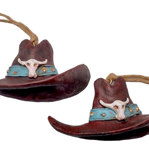 Vintage Pair of Cowboy Hat Christmas Ornaments Longhorn Skulls Hillbilly 3" - Picture 2 of 8